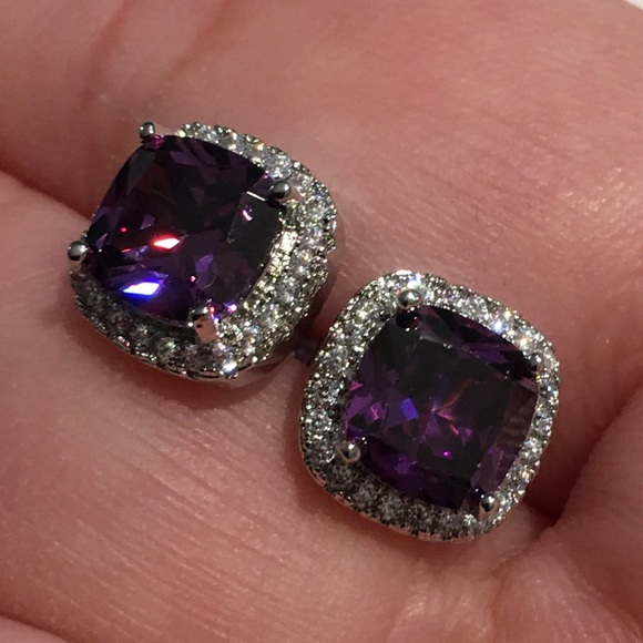 925 Silver Amethyst & Sapphire Halo Cut Earrings - Picture 3 of 12
